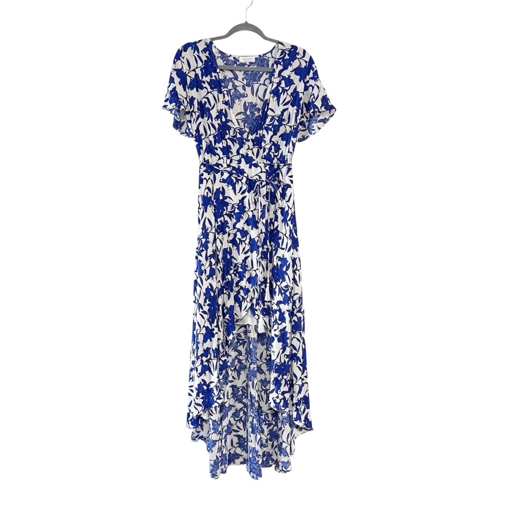 Vestique Blue Floral Maxi High Low Wrap Dress